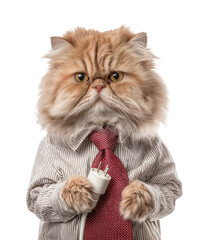A Persian cat, wearing a white striped shirt and red tie, holds a white power plug and looks seriously at the camera, isolated on a transparent background.