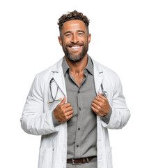 A smiling male doctor with a beard holds a stethoscope around his neck, looking warmly at the camera, isolated on a transparent background.