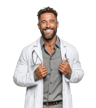 A smiling male doctor with a beard holds a stethoscope around his neck, looking warmly at the camera, isolated on a transparent background.
