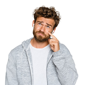 A confused man is trying to insert Bluetooth earphones while looking up, isolated on a transparent background.