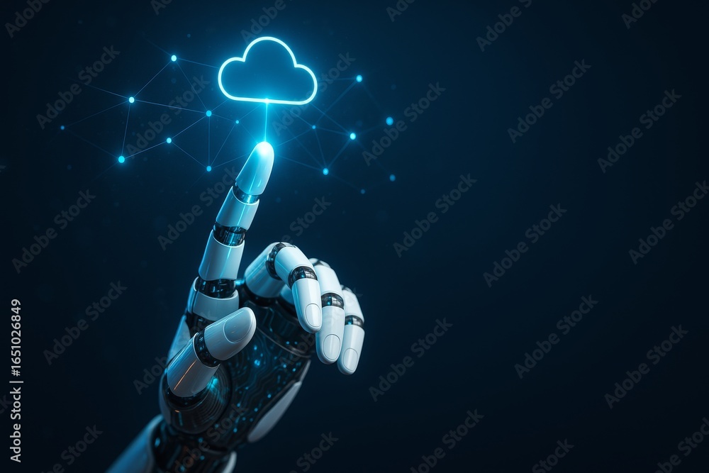 Poster robotic hand interacting with cloud technology digital space virtual interface futuristic concept