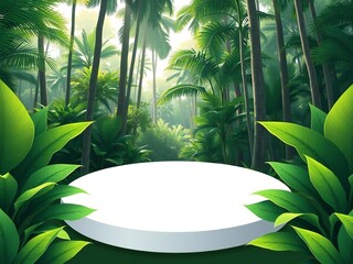 Obraz premium Empty white podium in a lush tropical rainforest with sunlight filtering through trees