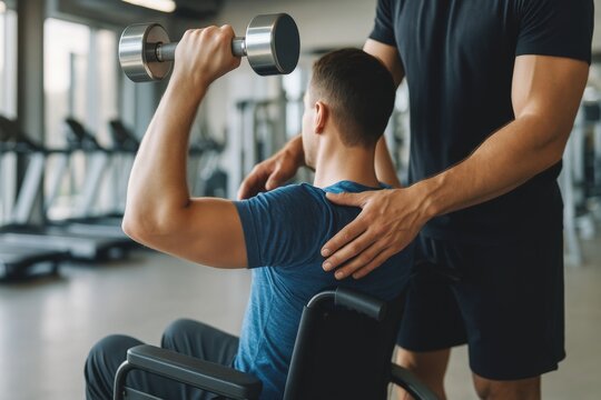 Personal trainer assisting client with dumbbell exercise in modern gym fitness environment motivational concept