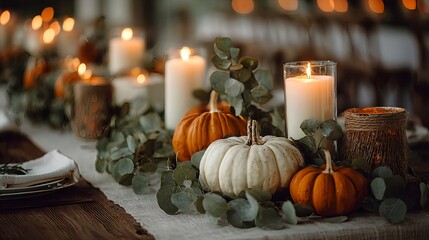 Elegant autumn table decoration with white and orange pumpkins, eucalyptus leaves, and glowing candles creating a cozy festive centerpiece, perfect for Thanksgiving and seasonal celebrations.
