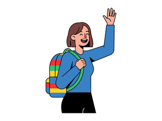 Animated Greeting: A cheerful individual waves enthusiastically, with a colorful backpack slung over their shoulder, exuding positivity and welcoming vibes. 