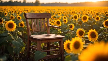 Golden Hour Chair Amidst Sunflowers: Peaceful Countryside Scene - Powered by Adobe