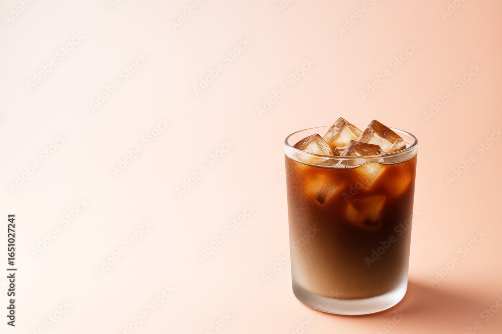 Poster glass of iced coffee with ice cubes on soft pastel background with copyspace for beverage branding o