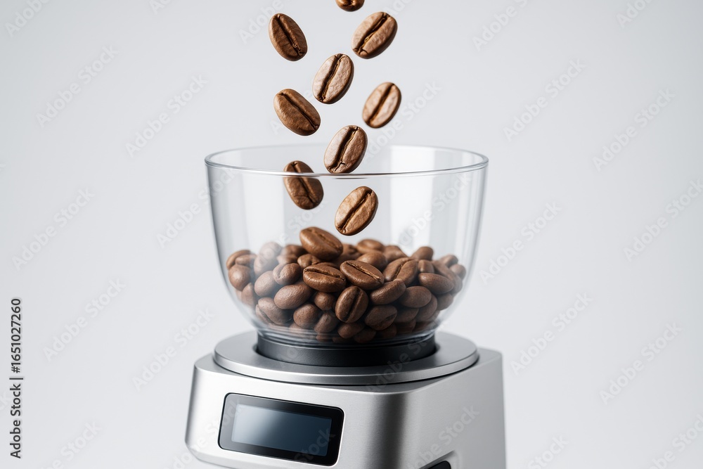 Aufkleber Falling coffee beans into transparent container on modern digital grinder with clean background and soft lighting. Ai generative. Ai generative