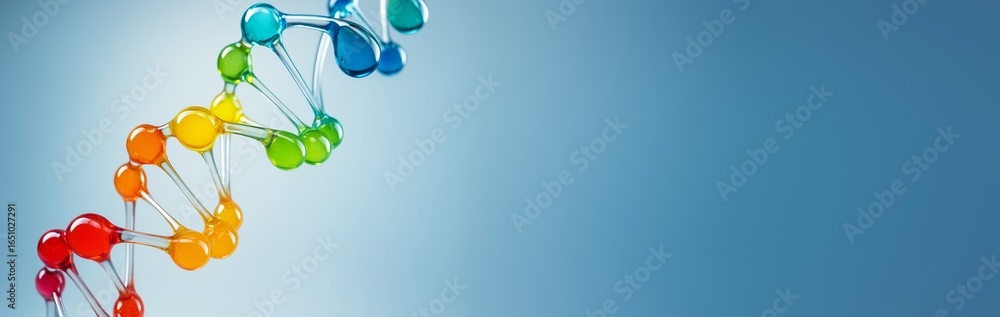Poster colorful dna molecule structure with glossy droplets on left side and soft blue background with empt