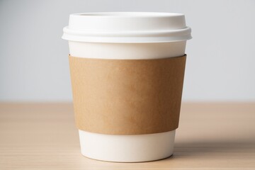 Minimalistic coffee cup mockup with blank cardboard sleeve on wooden surface for branding presentation and design layout on bright background. Ai generative