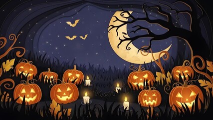 Halloween pumpkins with carved faces glow under a large moon and spooky tree - Powered by Adobe