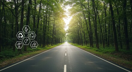 Obraz premium Sustainable Road to a Green Future - Serene forest road, sunlight, sustainability icons, eco-friendly journey, nature's path