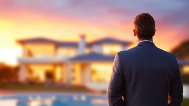 Businessman admiring a luxurious sunset view of a modern home with a pool in the background - Powered by Adobe