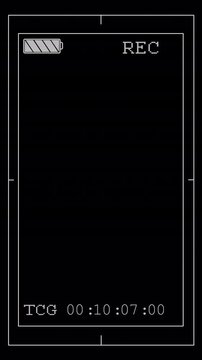 Vertical camera viewfinder overlay with red recording dot, running timecode and 100% battery indicator on black background. Includes alpha channel for easy compositing.