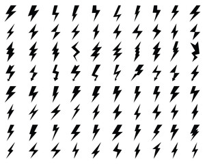 Black icons of thunder and flash lighting on a white background
