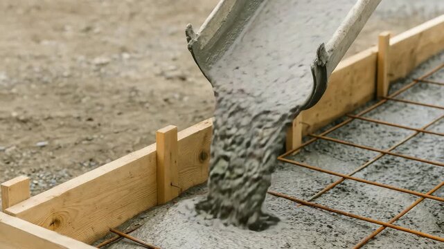 Wet concrete being poured into wooden formwork during construction  