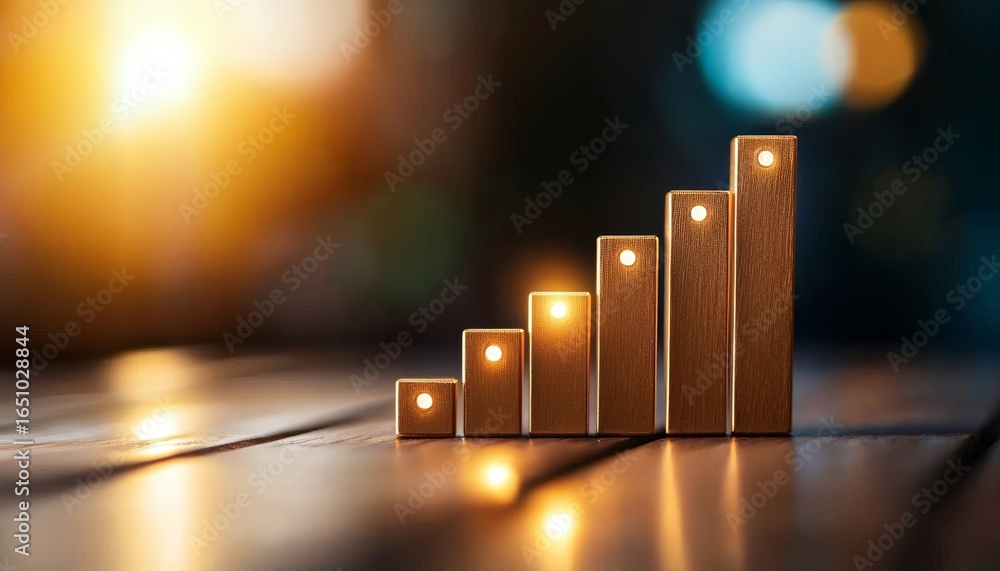 Poster a wooden bar graph on a table with glowing points, symbolizing growth and progression.