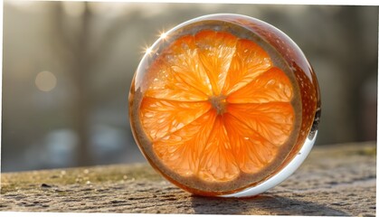 Transparent crystal sphere orange, light refracting through juicy pulp in perfect radial symmetry