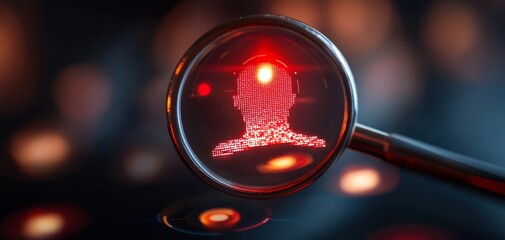 A red digital head silhouette is seen through a magnifying glass, symbolizing data analysis or cybersecurity.