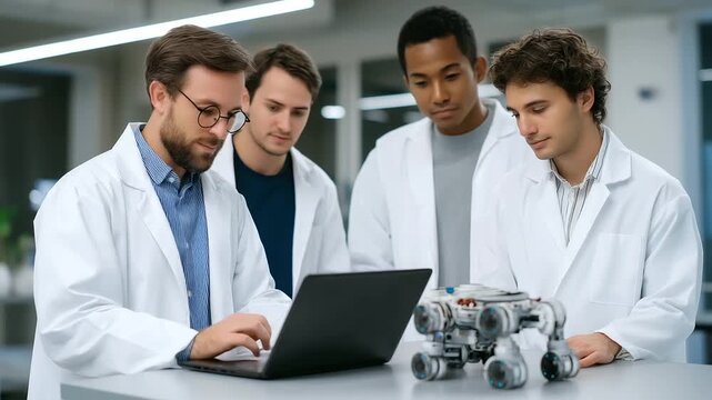 High-tech research lab setting with a multicultural group of experts working together on cutting-edge AI robotics development representing robotics engineering, industrial automation