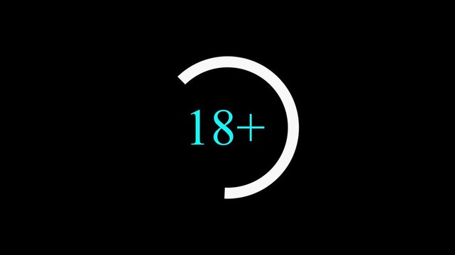 18 plus icon sign animation on dark background. Under 18 sign warning symbol. Over 18 only censored. eighteen age older. white circle and blue color text . 4K animation