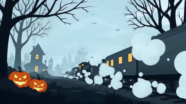 Halloween train passing spooky village with jackolanterns