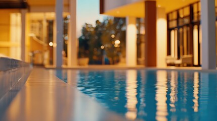 Serene evening by a luxurious poolside with modern architecture and soft lighting, perfect for relaxation