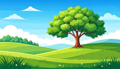 Lush green landscape with a towering tree