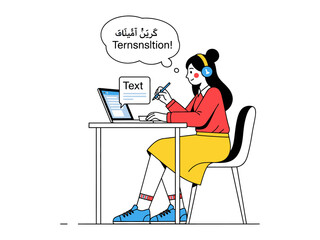 Translating Thoughts: A woman sits at a desk, engrossed in the art of translation. Her focus is captured as she types on a laptop, visualizing the transformation of language in her thought bubble.
