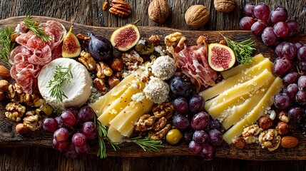 Festive cheese and charcuterie board with assorted cheeses, cured meats, figs, grapes, nuts, and herbs. Perfect holiday appetizer for Thanksgiving, autumn gatherings, or elegant dinner parties.