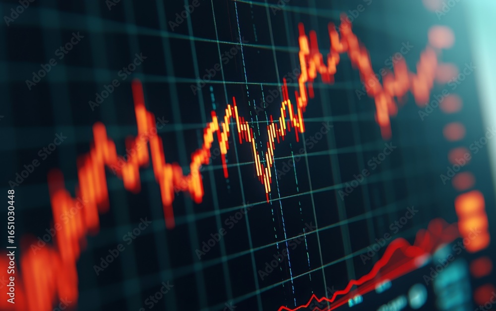 Poster an image of a fluctuating stock market graph in red, indicating market trends and data visualization