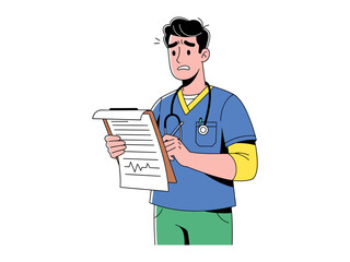 Medical Professional in deep thought: A male medical expert in professional attire meticulously studies a clipboard, embodying focus and dedication.