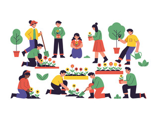 Blooming Together: A diverse group of individuals collaborates joyfully, planting flowers and tending to a community garden, embodying the spirit of growth and shared dedication.