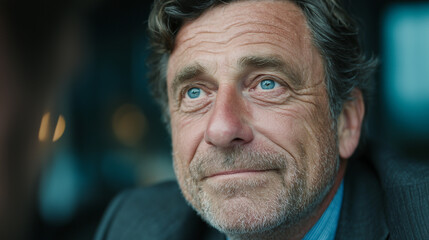 Man with blue eyes smiling while engaging in conversation in a modern indoor setting during the day