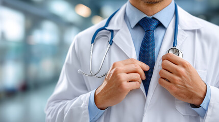 Medical professional adjusting tie and stethoscope in hospital setting while preparing for patient consultation