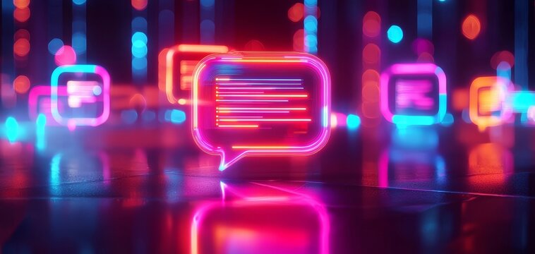 Neon chat bubbles glow in a digital cyberpunk world, reflecting vibrant colors and futuristic vibes.