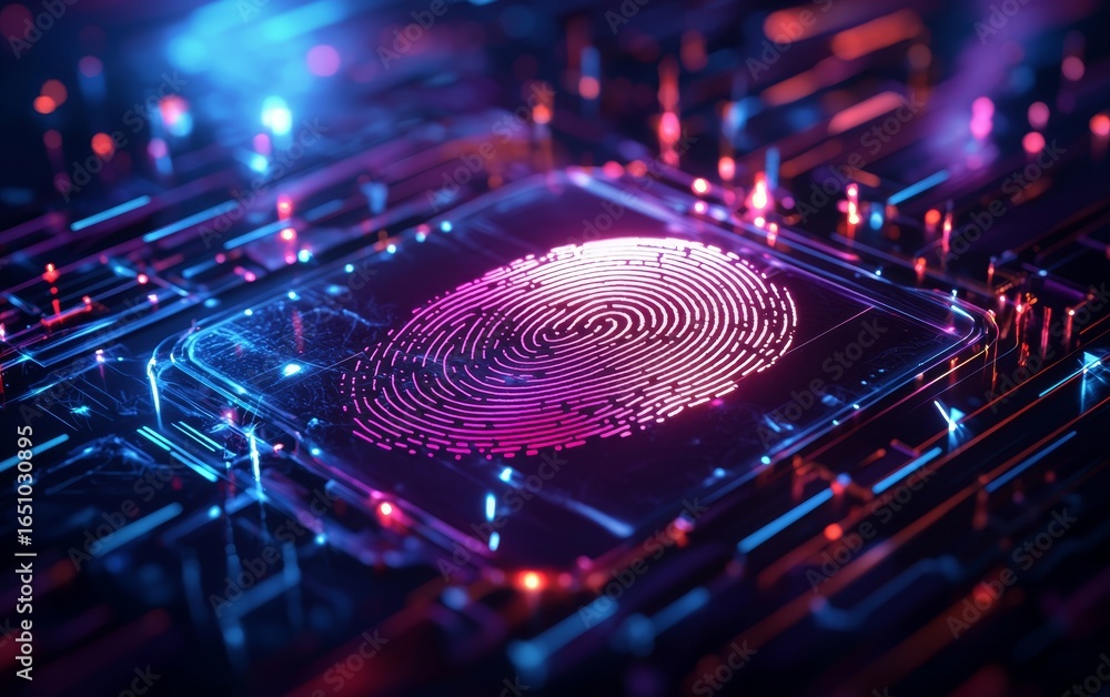 Poster a glowing fingerprint on a microchip surrounded by neon lights, symbolizing digital identity and tec