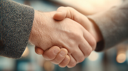 Two individuals engage in a firm handshake in a professional setting during an important business negotiation