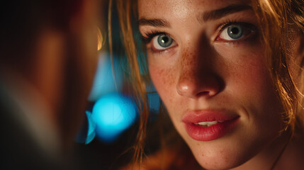 Intense gaze during an engaging conversation in a dimly lit location at night