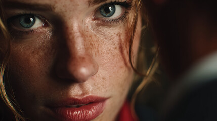 Close-up of a young woman with curly hair and freckles during an intense moment of conversation in a dimly lit setting
