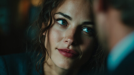 Engaging conversation between two people in a dimly lit cafe at night creates a captivating moment