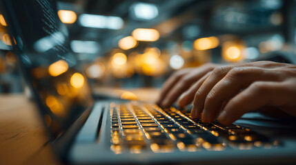 Working on a laptop in a modern co-working space during the evening with ambient lighting and a focus on productivity