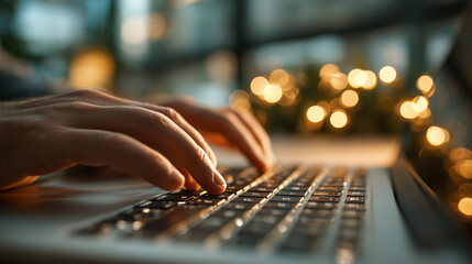 Typing on a laptop keyboard in a cozy indoor setting with Christmas lights in the background during the evening