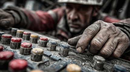Worker operating machinery in industrial setting during daytime with hands covered in grime and equipment buttons clearly visible