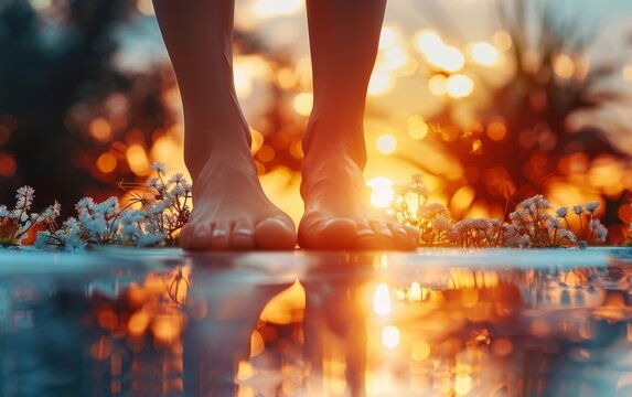 Bare feet stand on a reflective surface surrounded by small flowers, with a warm, glowing sunset in the background. - Powered by Adobe