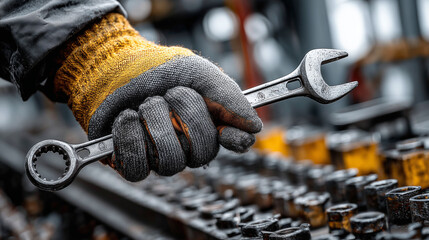 Skilled worker holding a wrench in a workshop filled with tools during daylight hours