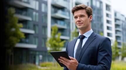 Confident businessman in a suit using a tablet outside modern apartments with greenery in the background