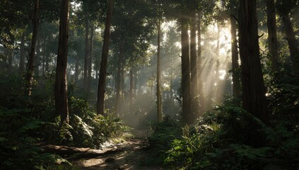 Obraz premium Sunbeams piercing a dense, misty forest