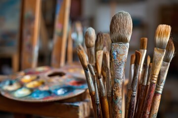 Fototapeta premium Used paintbrushes in an artist's studio