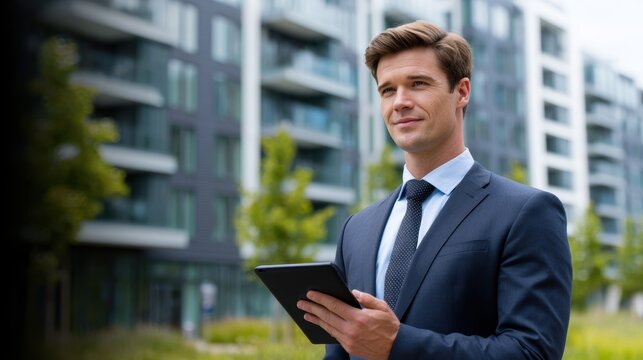 Confident businessman in a suit using a tablet outside modern apartments with greenery in the background